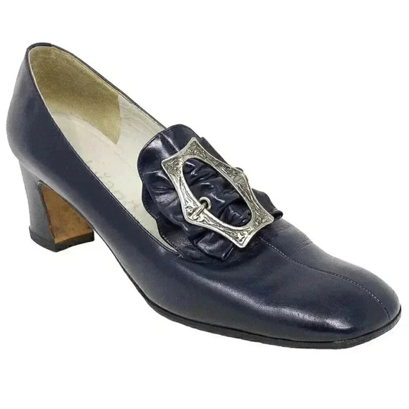 Vintage Peasant Buckle LeatherPumps Size 37 Square Toe Pumps Work Low Heel Pumps - Picture 5 of 5